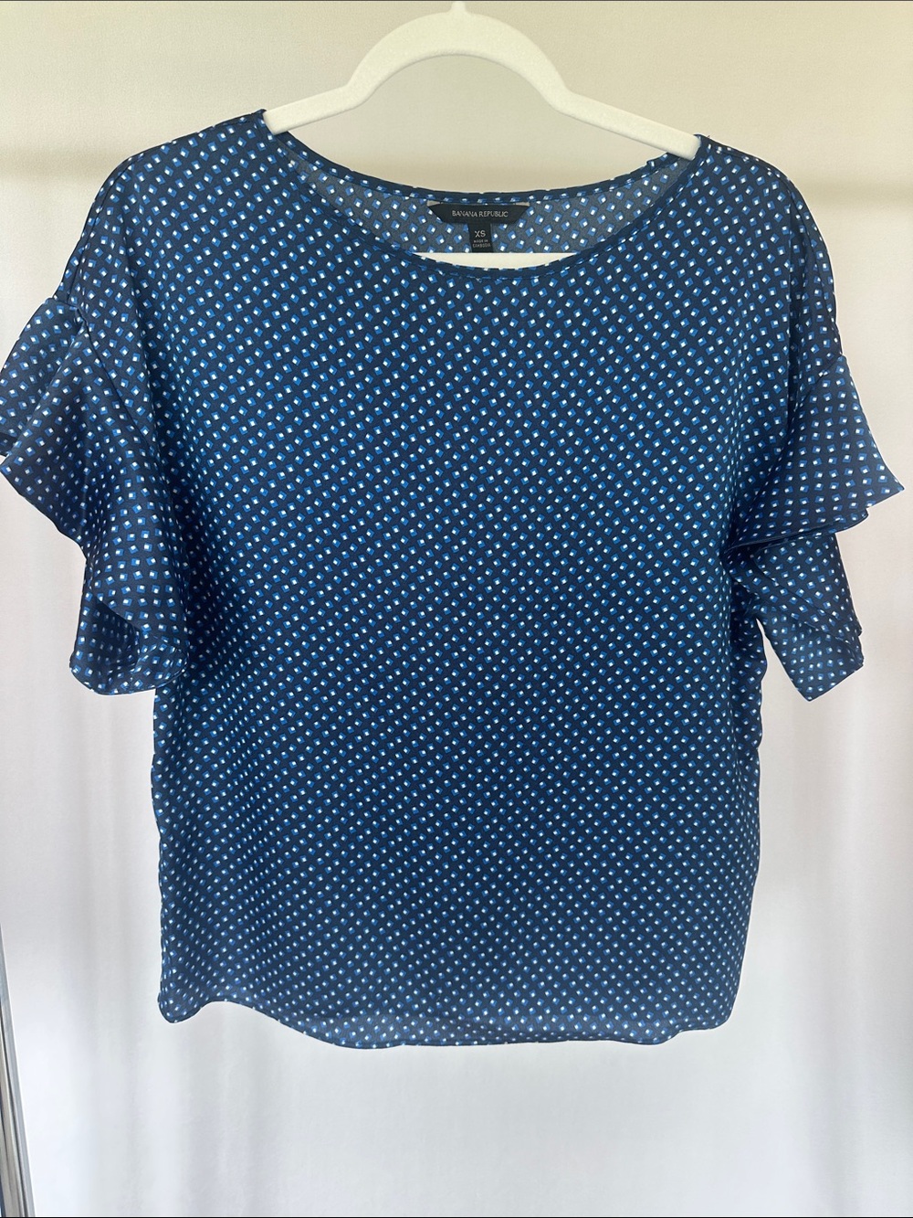Banana Republic Navy Blue Squares Print Boxy Ruffle Sleeve Blouse